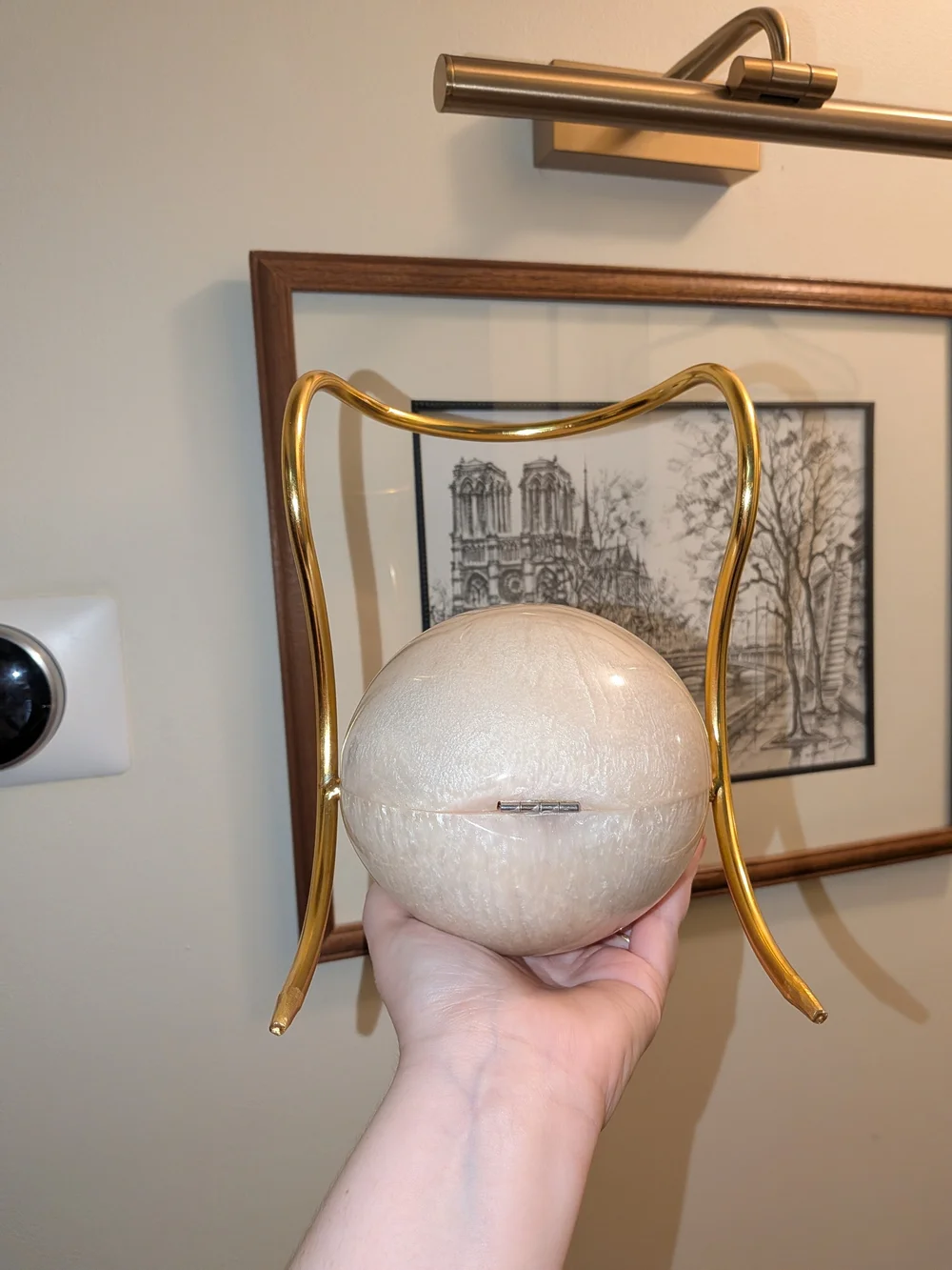 Stunning Pearl Sphere Orb Clutch with Polished Gold Metal Top Handle